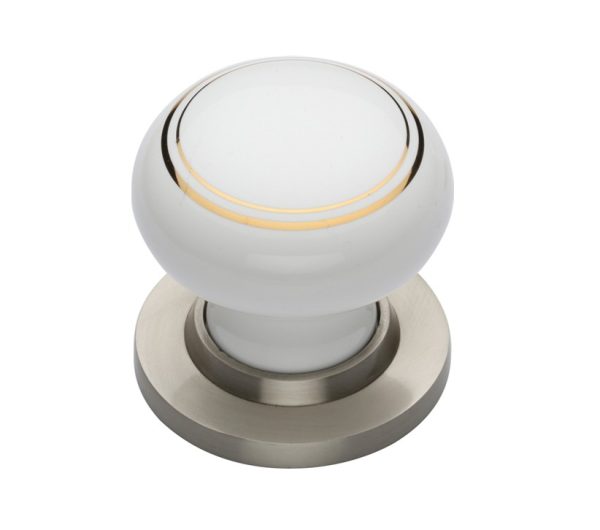 Heritage Brass Gold Line White Porcelain Mortice Door Knobs, Satin Nickel Rose (Sold In Pairs)