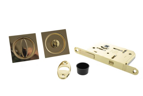 AGB Square Flush Handle Sliding Door Bathroom Lock Set - Polished Brass