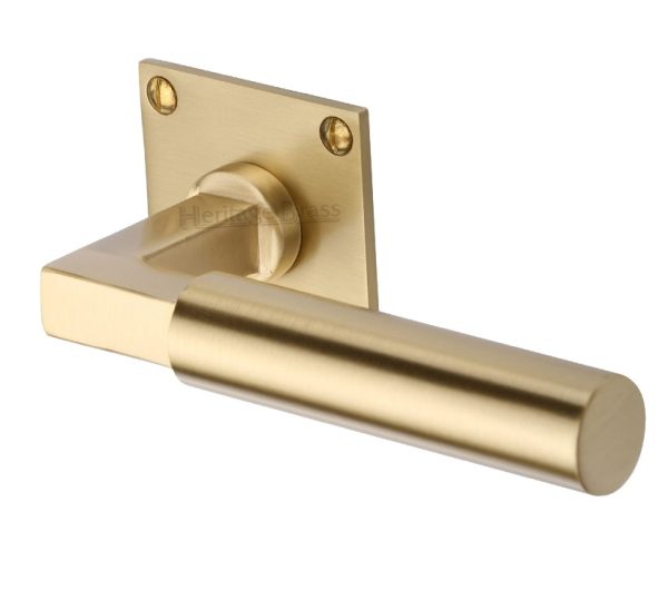 Heritage Brass Bauhaus Low Profile Satin Brass Door Handles On Square Rose (Sold In Pairs)