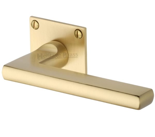 Heritage Brass Trident Low Profile Satin Brass Door Handles On Square Rose (Sold In Pairs)