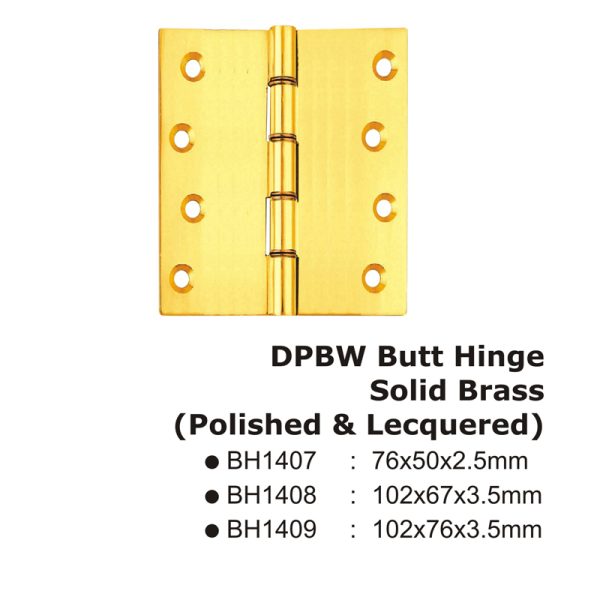 Dpbw Butt Hinge - Solid Brass (Polised & Lecquered) 102Mm X 76Mm X 3.5Mm