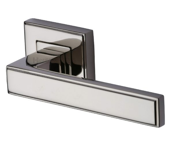 Heritage Brass Linear Polished Nickel Art Deco Style Door Handles On Square Rose (Sold In Pairs)