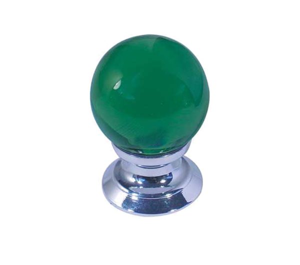 Green Coloured Plain Ball Glass Cupboard Door Knob, Polished Chrome