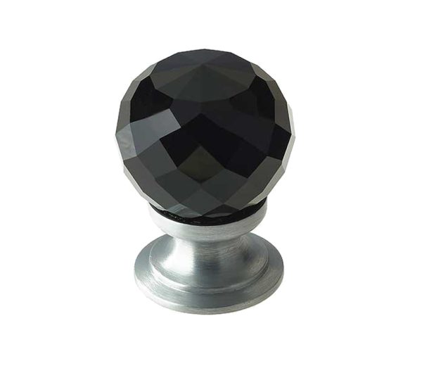 Black Coloured Faceted Glass Cupboard Door Knob, Satin Chrome