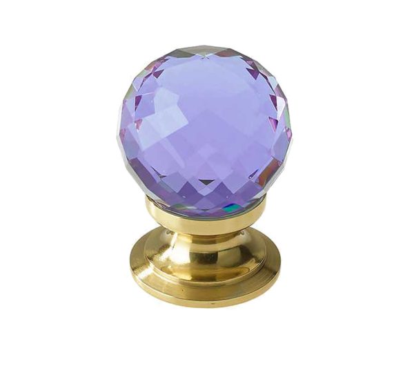 Purple Coloured Faceted Glass Cupboard Door Knob, Polished Brass