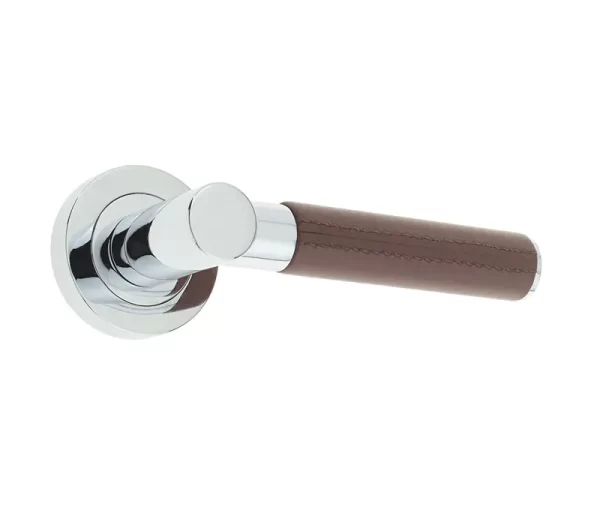 Ascot Door Handle On Rose Brown Leather/Polished Chrome