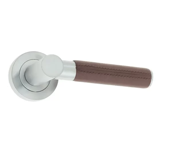 Ascot Door Handle On Rose Brown Leather/Satin Chrome