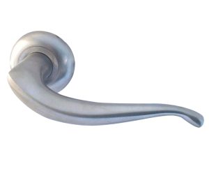 Paja Goccia Door Handles On Bevelled Round Rose, Satin Nickel (sold in pairs)