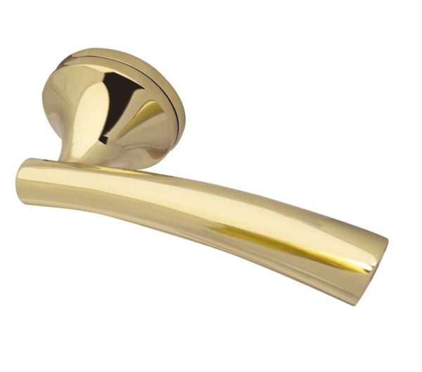 Paja Canto Door Handles On Round Rose, Polished Brass (sold in pairs)