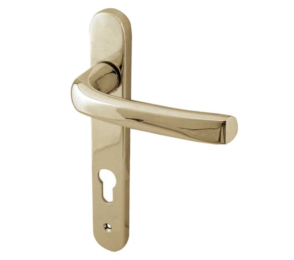 Frelan Hardware Pvcu Lever Door Handles (220Mm Backplate - 92Mm C/C Euro Lock), Pvd Stainless Brass