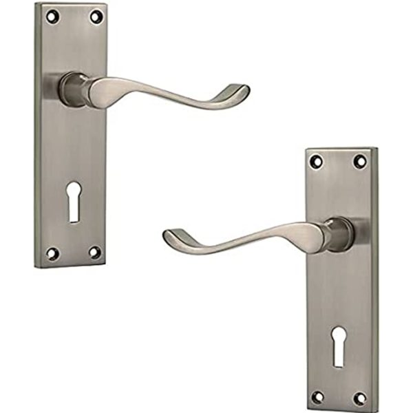 Victorian Scroll Door Handle with Lock – 150mm x 40mm  – Satin Nickel Finish