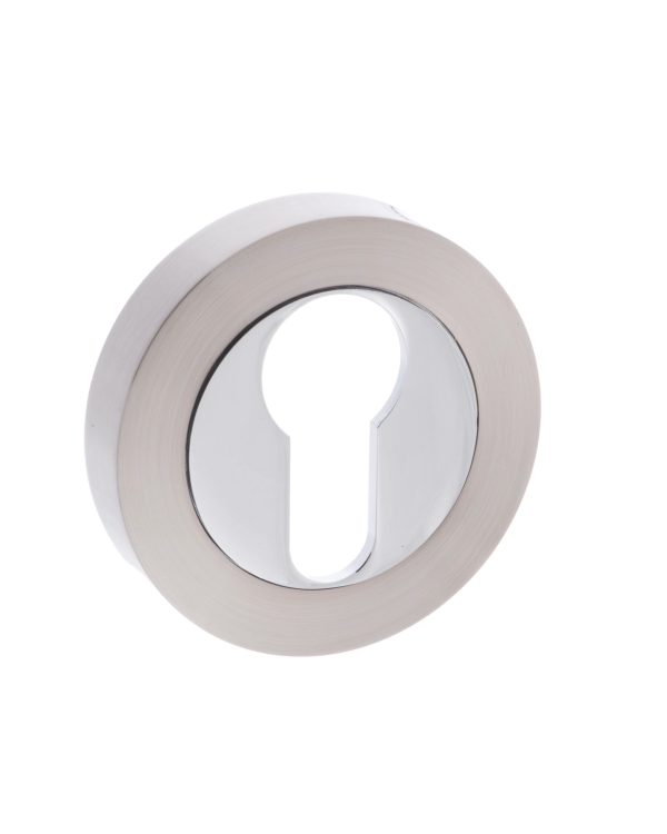 Mediterranean Euro Escutcheons on Round Rose - Satin Nickel/Polished Chrome