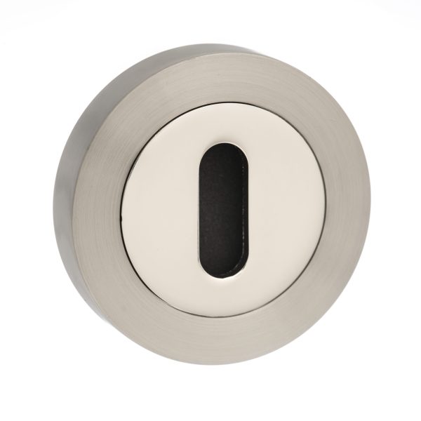 Mediterranean Key Escutcheons on Round Rose - Satin Nickel/Polished Nickel