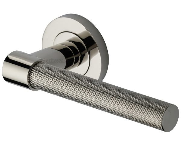 Heritage Brass Phoenix Knurled Door Handles On Round Rose, Polished Nickel (Sold In Pairs)