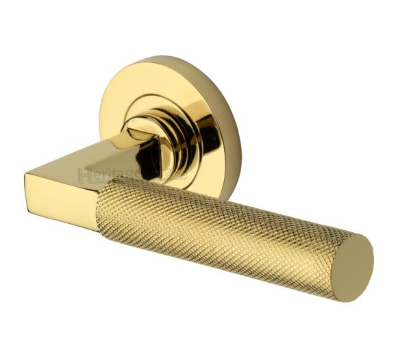 Heritage Brass Signac Knurled Door Handles On Round Rose, Polished Brass (Sold In Pairs)