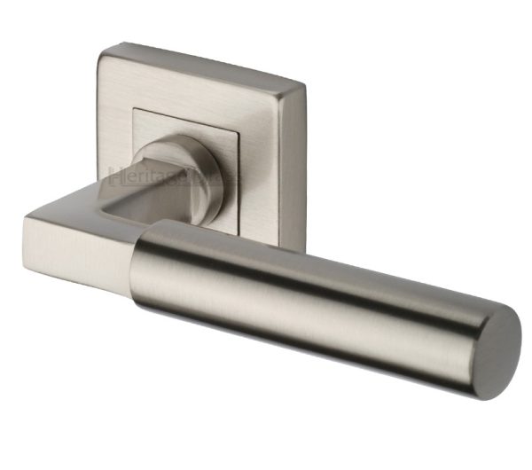 Heritage Brass Bauhaus Sq Satin Nickel Door Handles On Square Rose (Sold In Pairs)