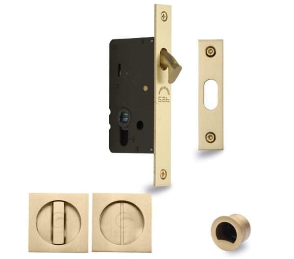 Heritage Brass Square Flush Handle Sliding Door Privacy Lock Set, Satin Brass