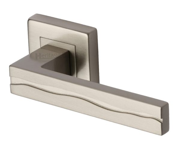 Heritage Brass Amazon Satin Nickel Door Handles On Square Rose (Sold In Pairs)