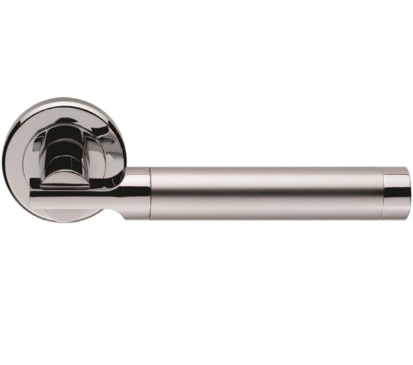 Serozzetta Azul Door Handles On Round Rose, Dual Finish Satin Chrome & Polished Chrome (Sold In Pairs)