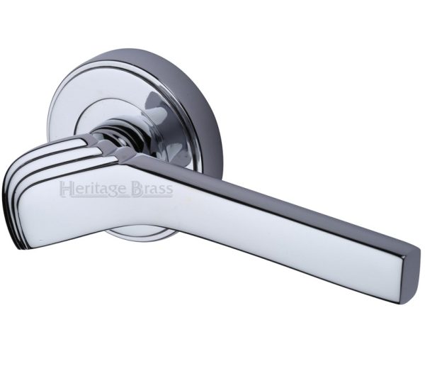 Heritage Brass Tiffany Art Deco Style Door Handles On Round Rose, Polished Chrome (Sold In Pairs)