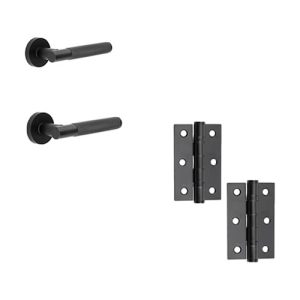 IRONMONGERY SOLUTIONS Latch Pack of Door Handle, Tubular Latch & Hinges - Pack of Door Handle in Matt Black Finish