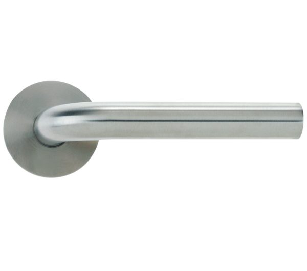 Zoo Hardware Vier Radius Lever On Round Rose, Satin Stainless Steel (Sold In Pairs)