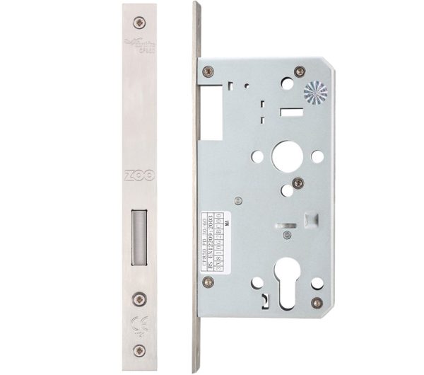 Zoo Hardware Vier 72Mm C/C Din Single Throw Dead Lock (Square Or Radius Profile), Satin Stainless Steel