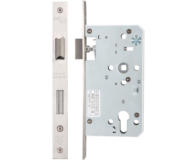 Zoo Hardware Vier 72Mm C/C Din Escape Lock (Square Or Radius Profile), Satin Stainless Steel