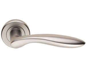 Serozzetta Shark Door Handles On Round Rose, Satin Chrome - (Sold In Pairs)