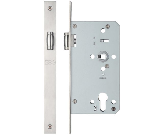 Zoo Hardware Vier 72Mm C/C Din Roller Bathroom Lock (Square Or Radius Profile), Satin Stainless Steel