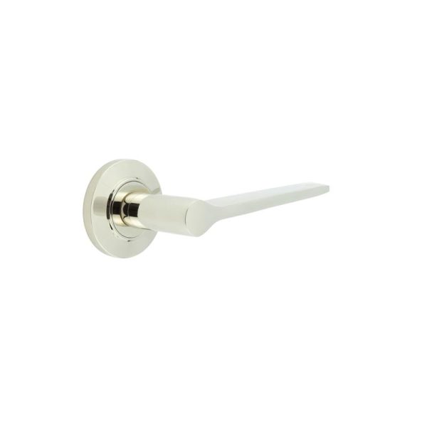 Knightsbridge Door Handle on Chamfered Rose Polished Nickel