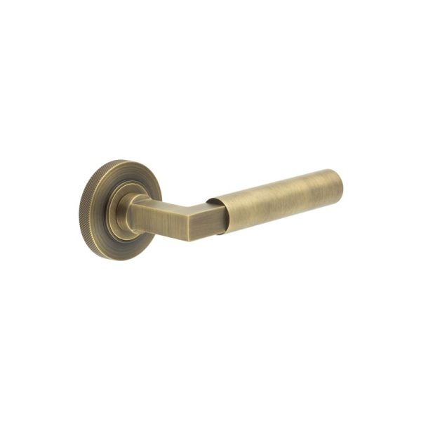 Westminster Door Handle on Knurled Rose Antique Brass