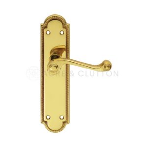 Georgian Shaped Scroll Lever on Backplate Long Latch - Polished Brass