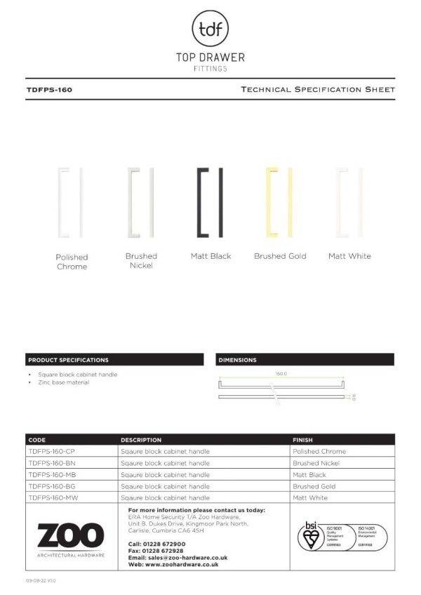 Zoo Hardware TDFPS-160-BN Square Block Cabinet handle 160mm CTC Brushed Nickel Finish