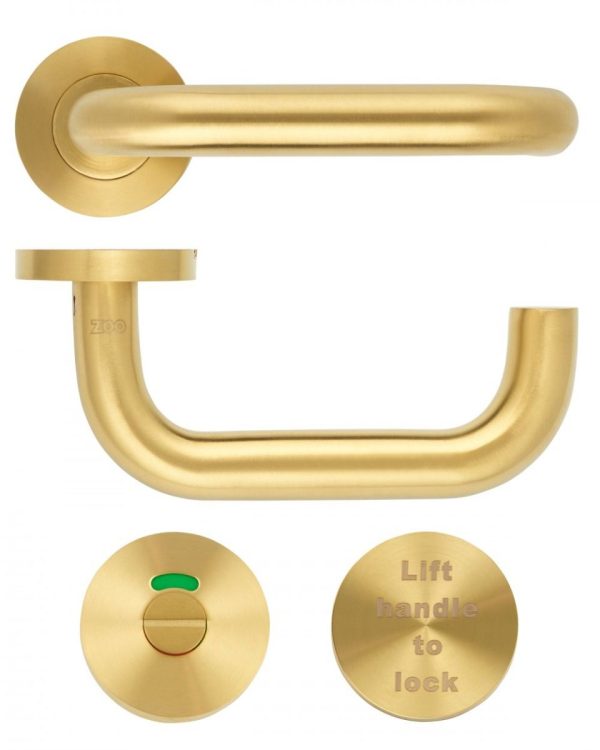 Zoo Hardware ZCS030LL-PVDSB 19mm Lift to Lock Tubular Return to Door Door Handle set -Push On Rose - Grade 304 - PVDSB Pvd Satin Brass