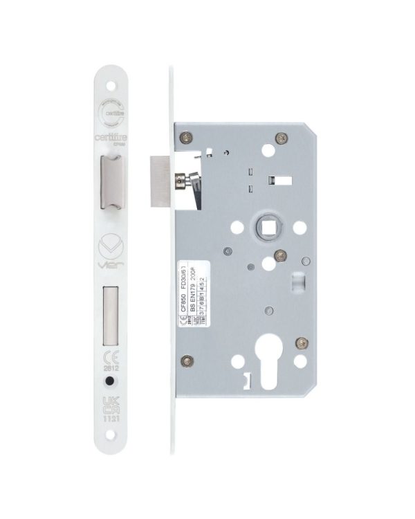 Zoo Hardware Mortice Escape Sashlock - 72mm Centres, 60mm Backset - Radius Forend, Powder Coated White ZDL7260ESC-R-PCW