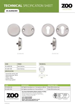 Zoo Hardware ZS-AL000 Anti Ligature Escutcheon - No Keyhole (Blind) - Satin St. Steel
