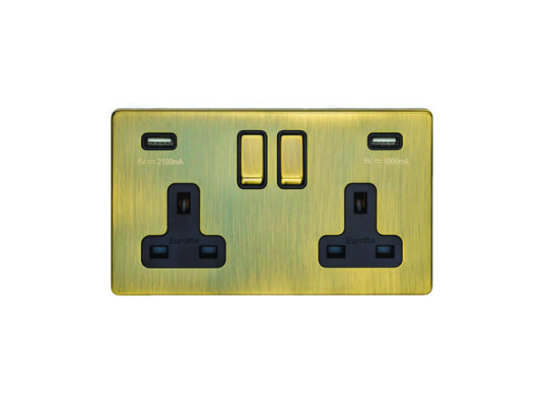 Eurolite Ab2Usbb 2 Gang 13Amp Switched Socket With Combined 3.1 Amp Usb Outlet Flat Concealed Antique Plate Matching Rockers