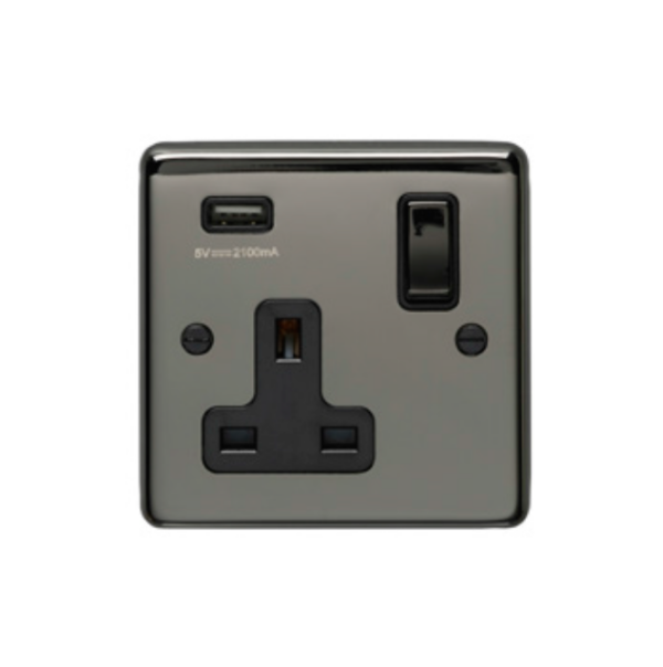 Eurolite Bn1Usbb 1 Gang 13Amp Switched Socket With 2.1 Amp Usb Outlet Round Edge Black Nickel Plate Black Rocker