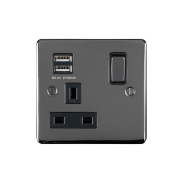 Eurolite Bn1Usbbnb 1 Gang 13Amp Switched Socket With 2.1 Amp Usb Outlet Round Edge Black Nickel Plate Matching Rocker Black Trim