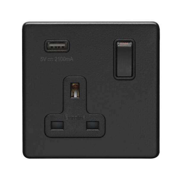 Eurolite Ecmb1Usbb 1 Gang 13Amp Dp Switched Socket With 2.1 Amp Usb Outlet Flat Concealed Matt Black Plate Black Rocker