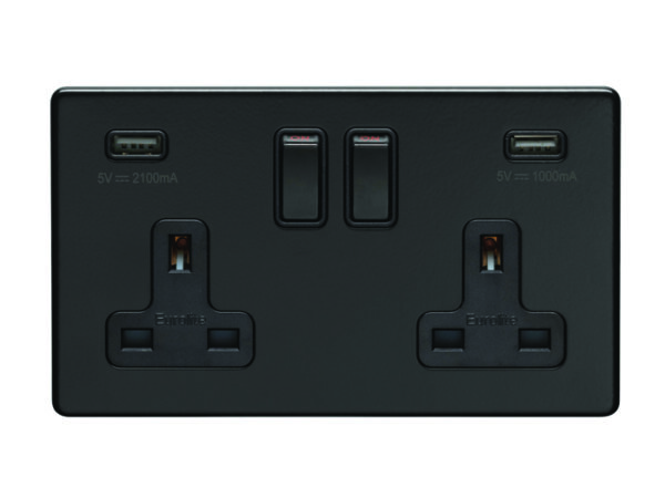 Eurolite Ecmb2Usbb 2 Gang 13Amp Dp Switched Socket With Combined 3.1 Amp Usb Outlets Flat Concealed Matt Black Plate Black Rockers