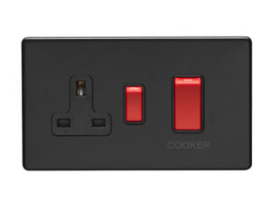 Eurolite Ecmb45Aswasb 45Amp Dp Cooker Switch With 13Amp Socket Flat Concealed Matt Black Plate Red Rockers