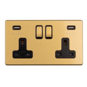 Eurolite Concealed 3mm 2 Gang 13Amp Switched Socket With Usb - Satin Brass