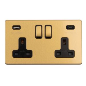 Eurolite Concealed 3mm 2 Gang 13Amp Switched Socket With Usb C Satin Brass - Satin Brass