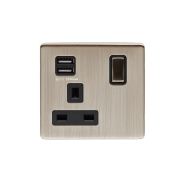 Eurolite Ecsn1Usbsnb 1 Gang 13Amp Switched Socket With 2.1 Amp Usb Outlet Concealed Satin Nickel Plate Matching Rocker Black Trim