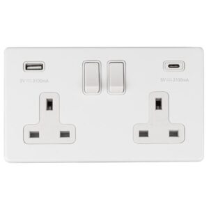 Eurolite Concealed 3mm 2 Gang 13Amp Switched Socket With Usb C White - Matt White