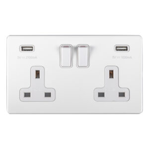 Eurolite Ecw2Usbw 2 Gang 13Amp Dp Switched Socket With Combined 3.1 Amp Usb Outlets Flat Concealed White Plate White Rockers