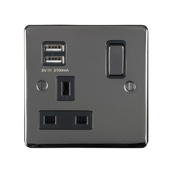 Eurolite Efbn1Usbbnb 1 Gang 13Amp Switched Socket With 2.1 Amp Usb Outlet Enhance Flat Black Nickel Plate Matching Rocker Black Trim