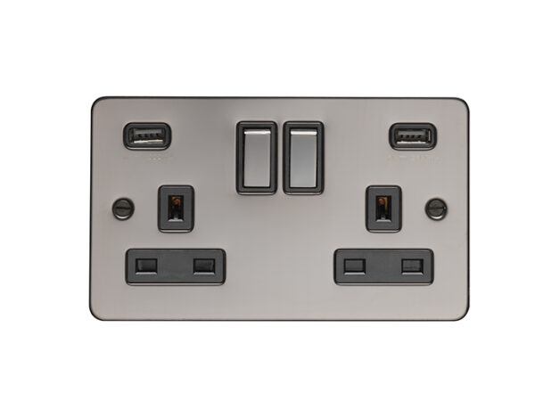 Eurolite Efbn2Usbbnb 2 Gang 13Amp Switched Socket With A Comb 3.1 Amp Usb Outlet Enhance Flat Black Nickel Plate Matching Rockers Black Trim